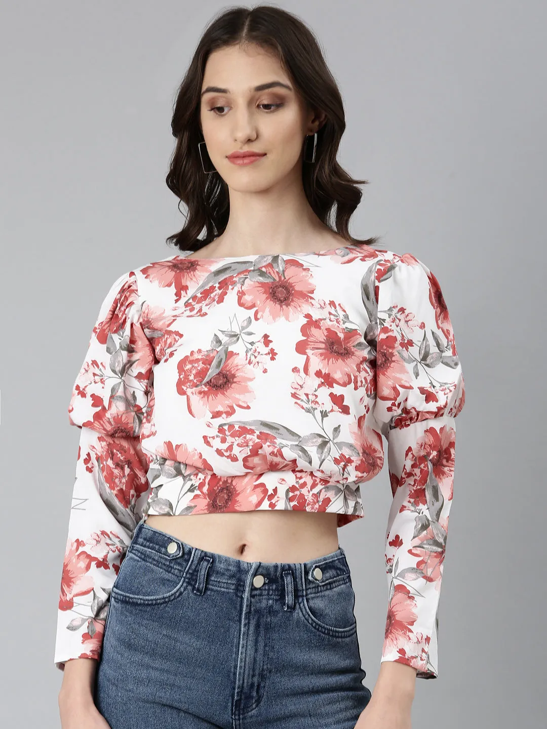 Women White Floral Printed Blouson Crop Top