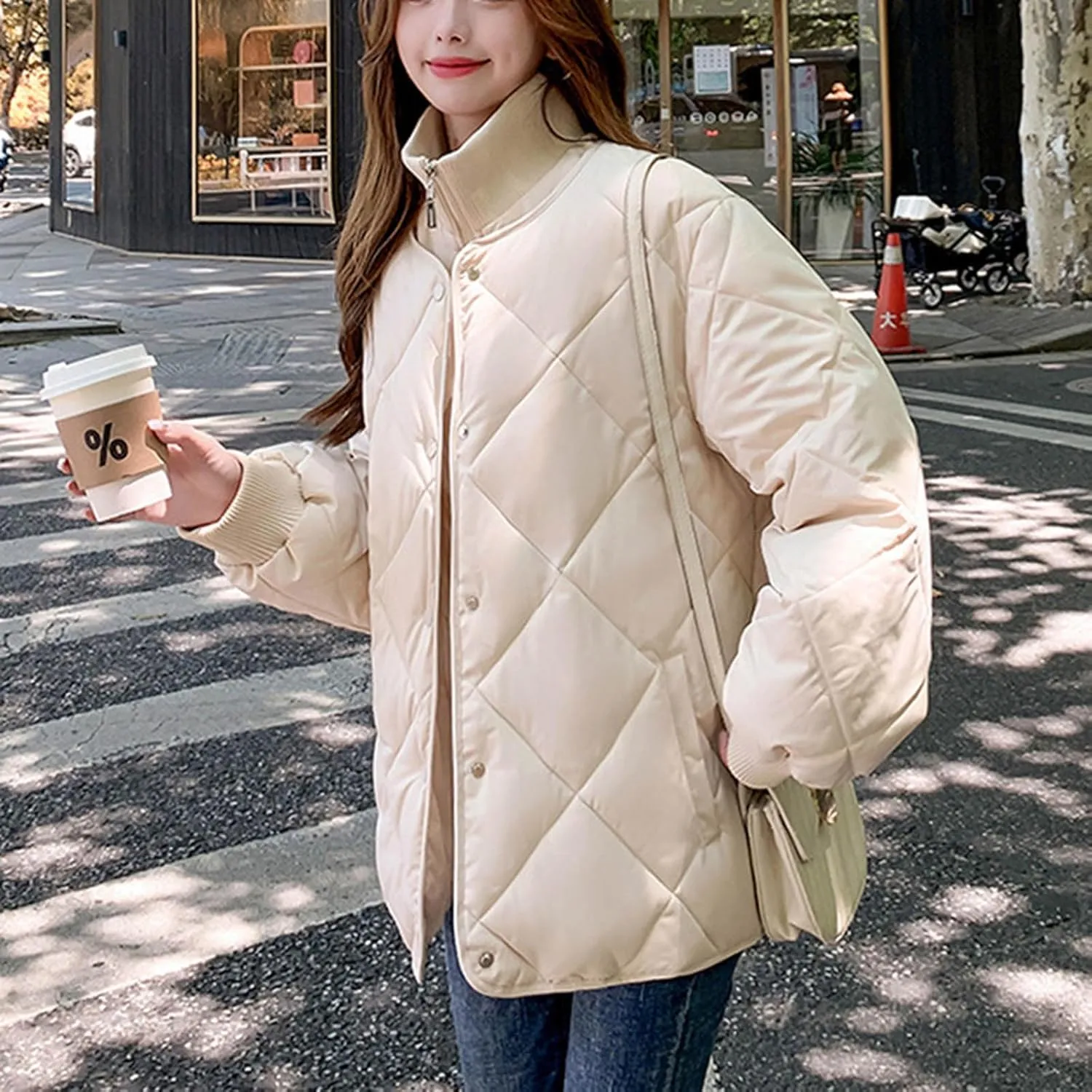 Women Winter Lightweight down Jacket Diamond Lattice Cotton-Padded Warm Packable Coats Ladies Casual Oversized Jacket