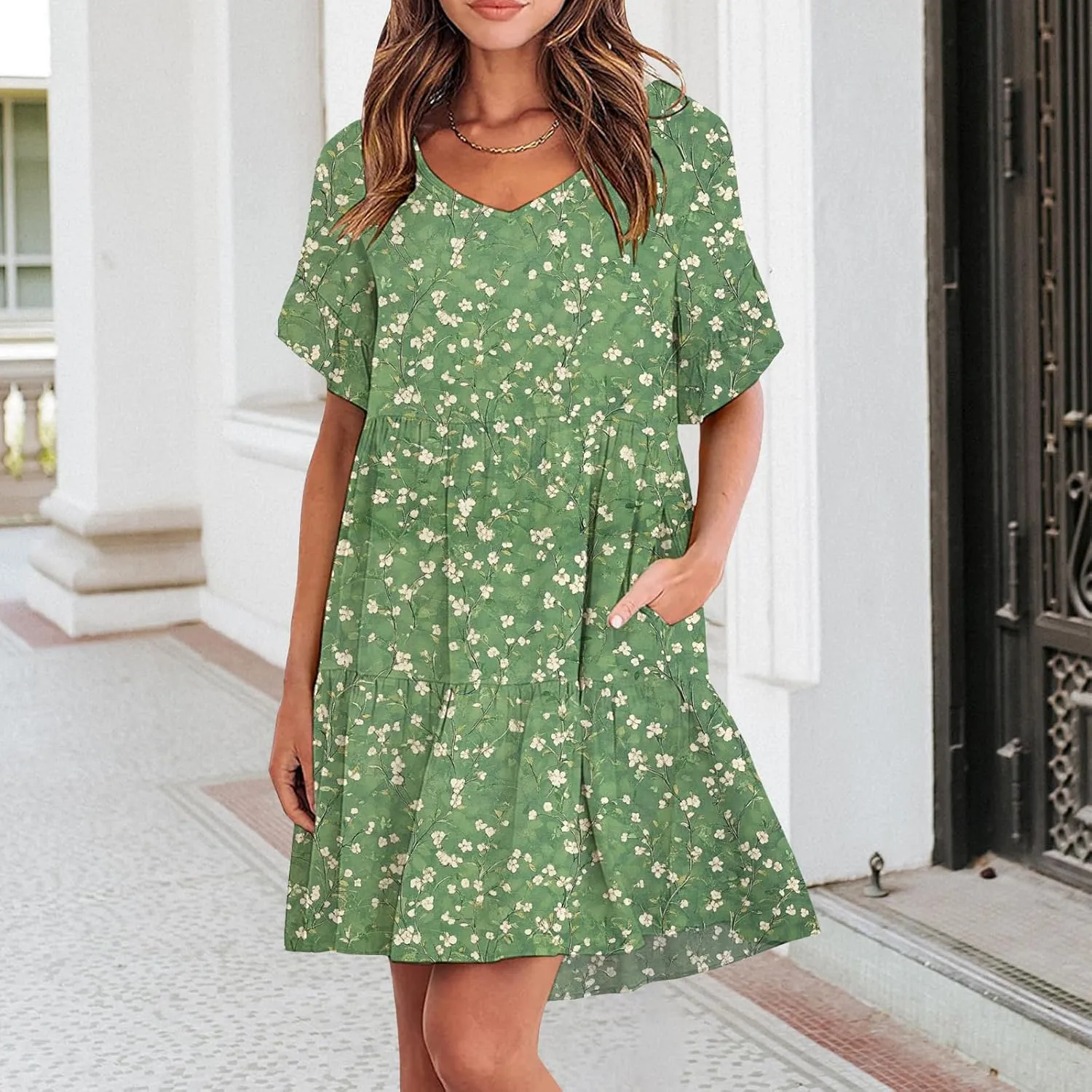 Womens 2025 Casual Dress Smocked V Neck Ruffle Sleeve Empire Waist A-Line Mini Dress with Pockets