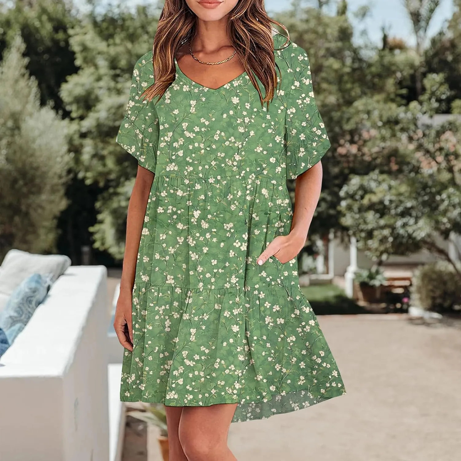 Womens 2025 Casual Dress Smocked V Neck Ruffle Sleeve Empire Waist A-Line Mini Dress with Pockets