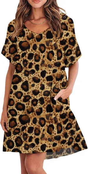 Womens 2025 Casual Dress Smocked V Neck Ruffle Sleeve Empire Waist A-Line Mini Dress with Pockets