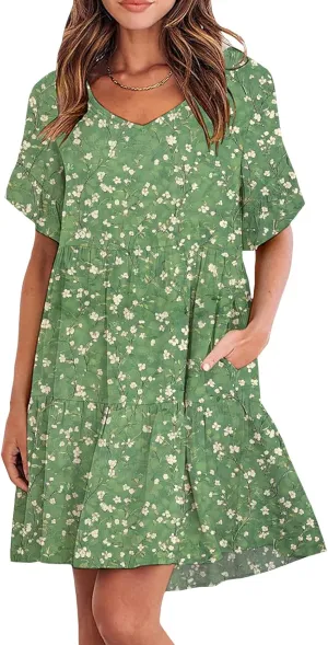 Womens 2025 Casual Dress Smocked V Neck Ruffle Sleeve Empire Waist A-Line Mini Dress with Pockets