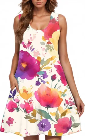 Womens 2025 Summer Floral Midi Dress Exotic Casual Square Neck Sleeveless Beach Wedding Guest Flowy a-Line Mini Dress