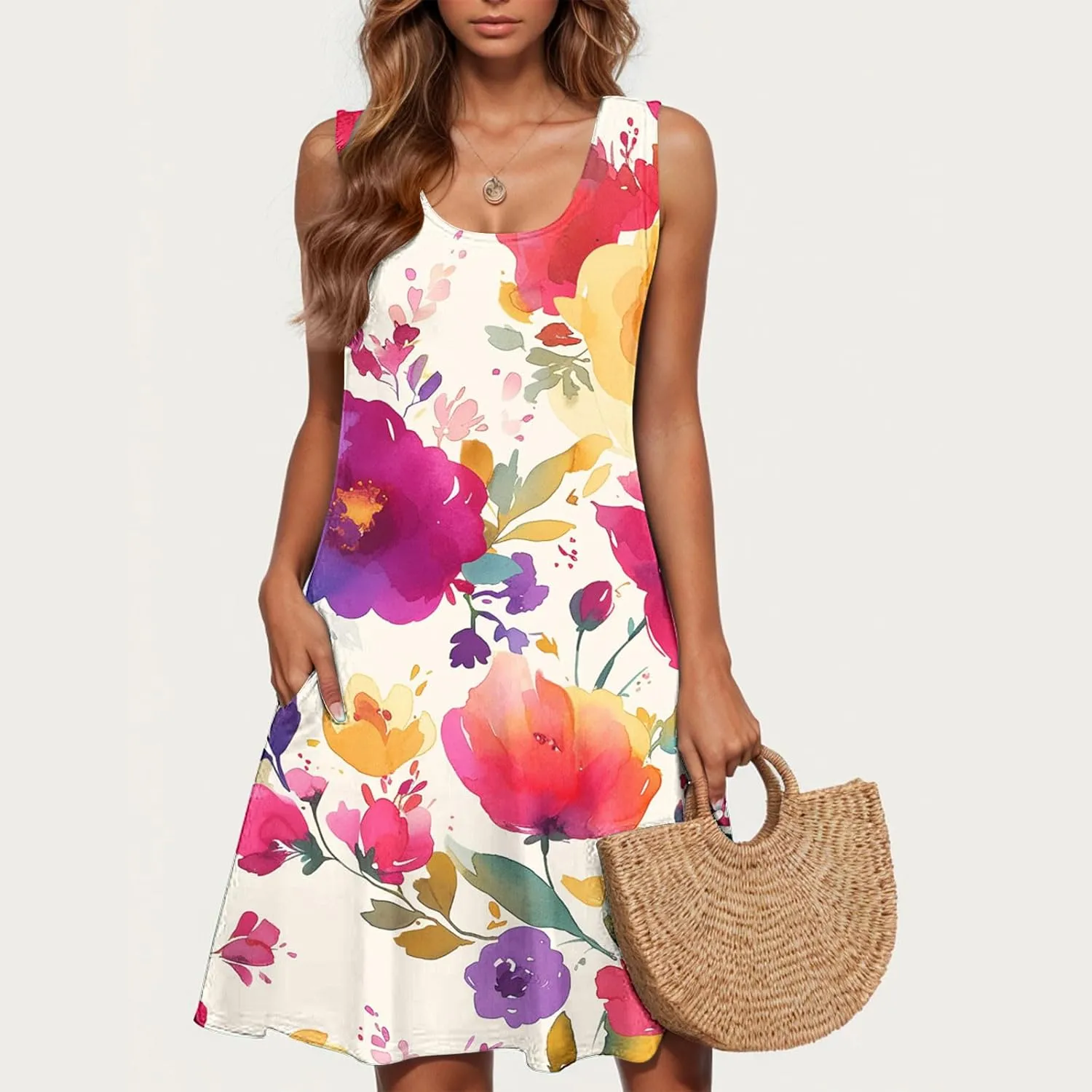 Womens 2025 Summer Floral Midi Dress Exotic Casual Square Neck Sleeveless Beach Wedding Guest Flowy a-Line Mini Dress
