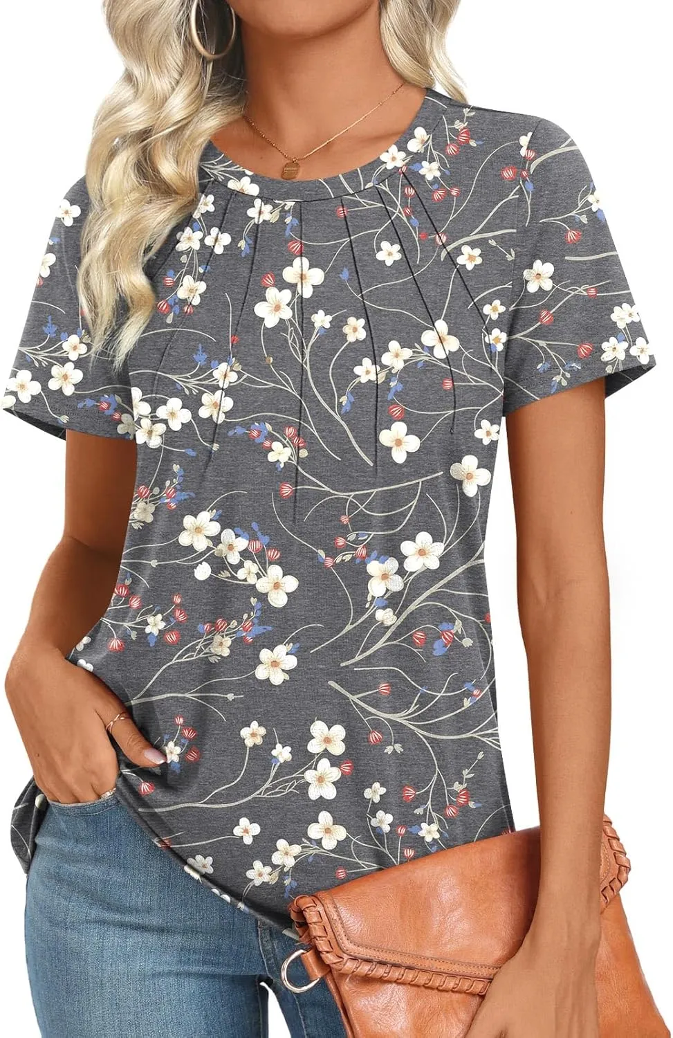 Womens 2025 Tunic Summer Casual Tops Short Sleeve Blouses Crewneck Fashion Tshirts M-3XL