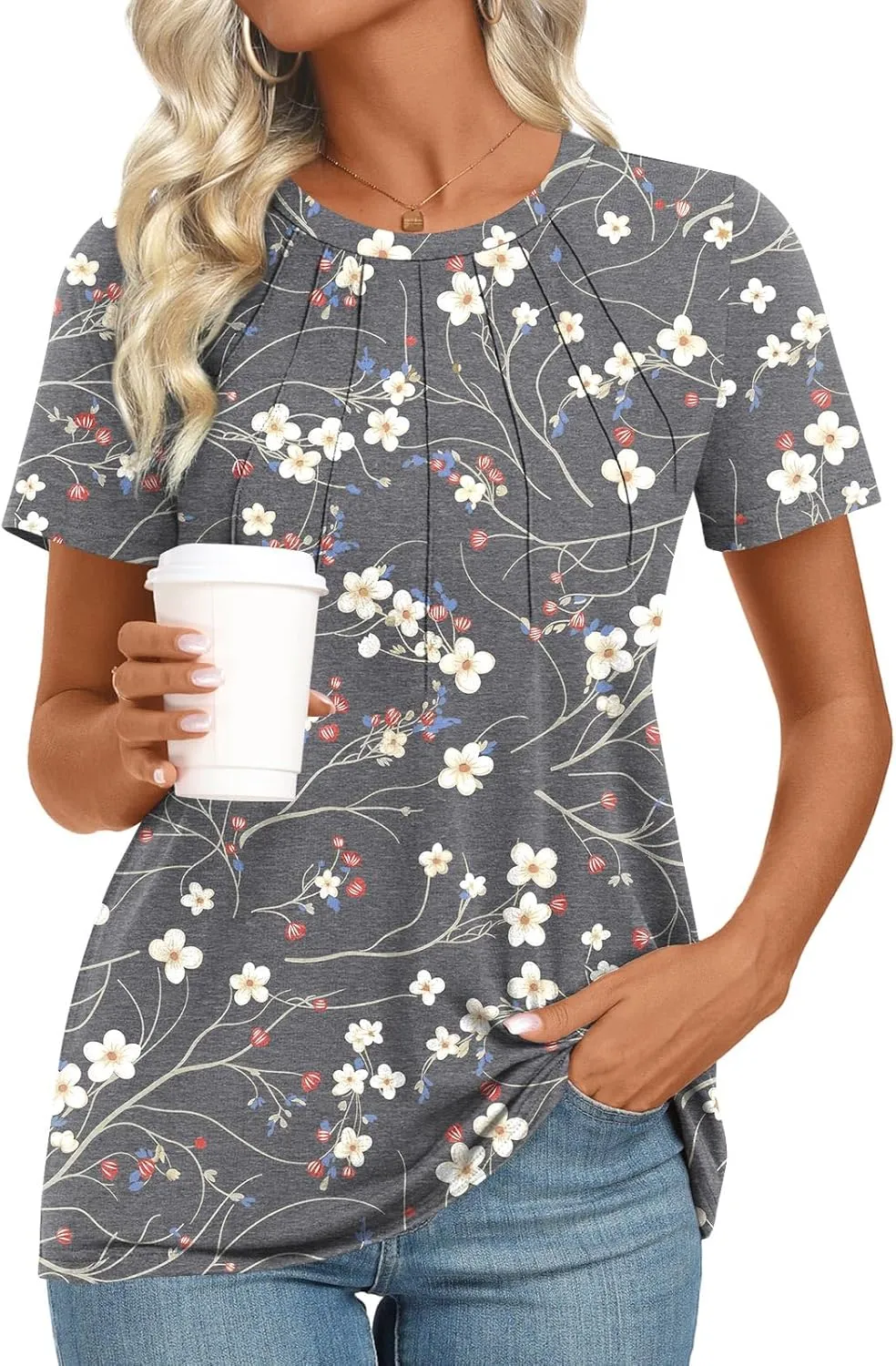 Womens 2025 Tunic Summer Casual Tops Short Sleeve Blouses Crewneck Fashion Tshirts M-3XL