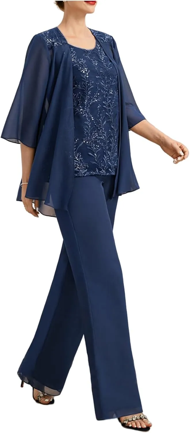 Women's 3 Pieces Chiffon Pant Suits Long Mother of The Bride Dresses Appliques Lace Mother of The Groom Dress