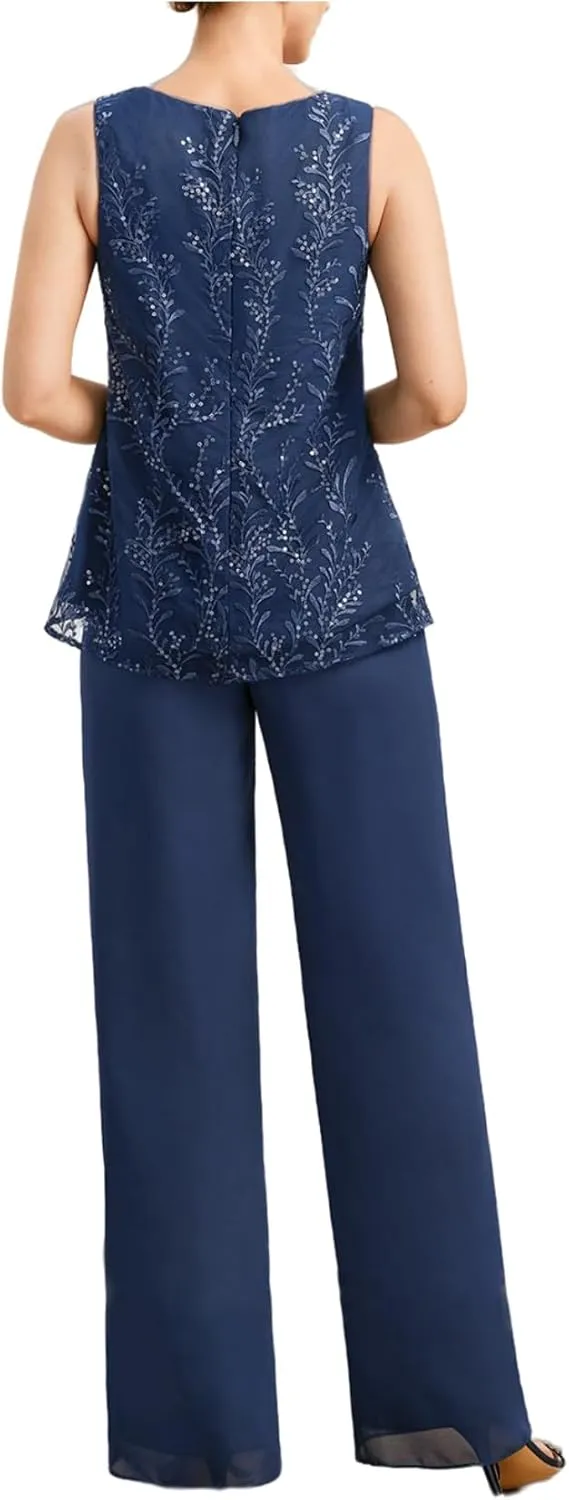 Women's 3 Pieces Chiffon Pant Suits Long Mother of The Bride Dresses Appliques Lace Mother of The Groom Dress