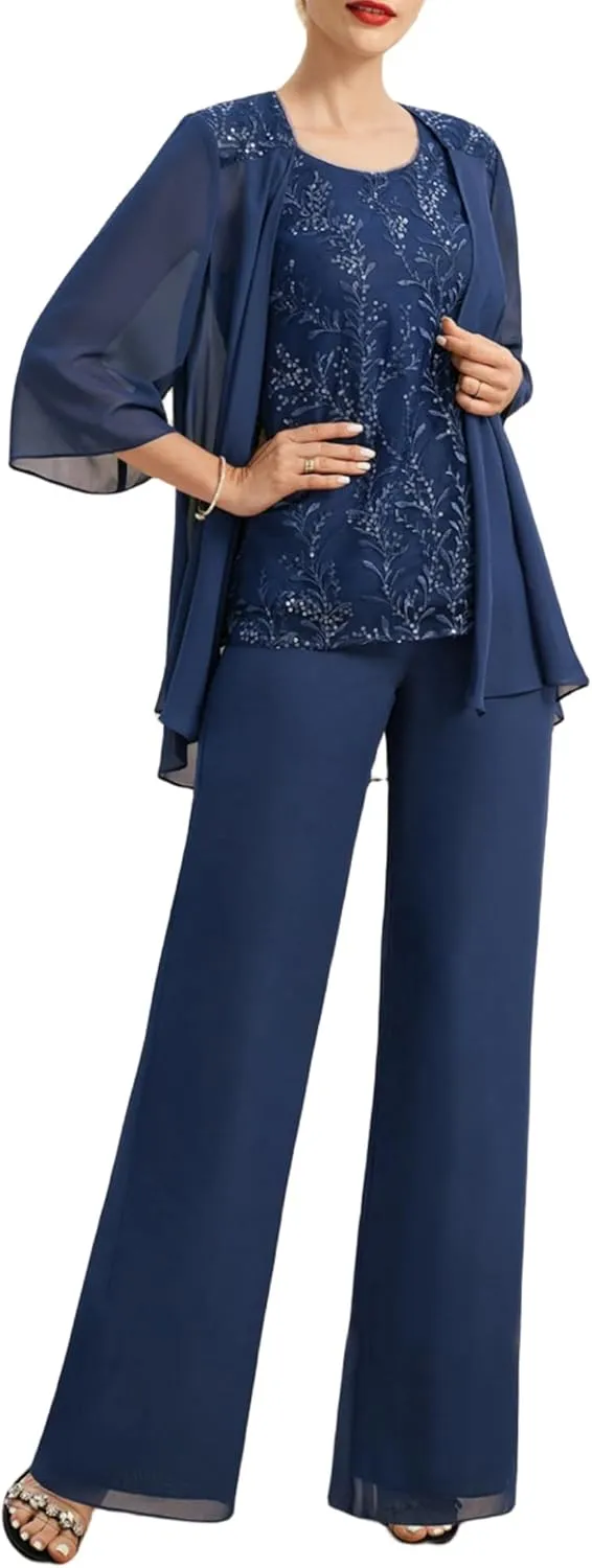 Women's 3 Pieces Chiffon Pant Suits Long Mother of The Bride Dresses Appliques Lace Mother of The Groom Dress