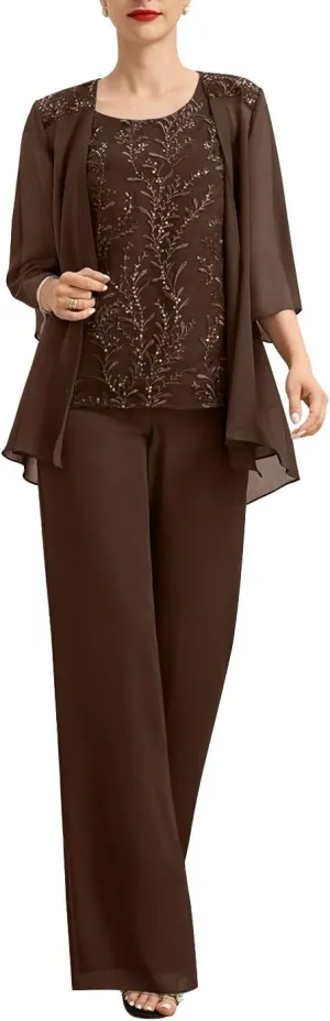 Women's 3 Pieces Chiffon Pant Suits Long Mother of The Bride Dresses Appliques Lace Mother of The Groom Dress