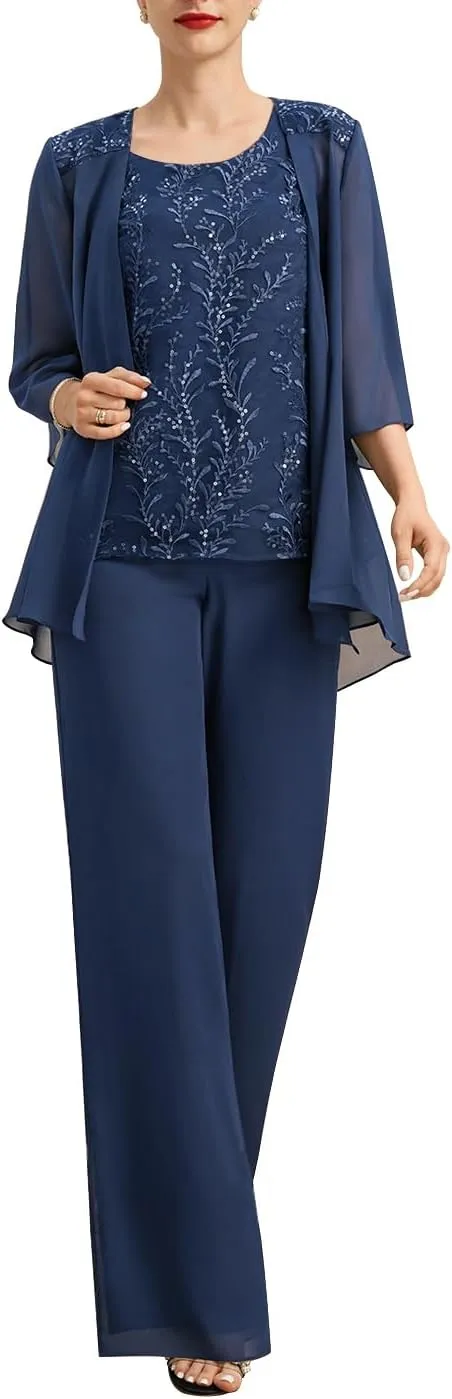 Women's 3 Pieces Chiffon Pant Suits Long Mother of The Bride Dresses Appliques Lace Mother of The Groom Dress
