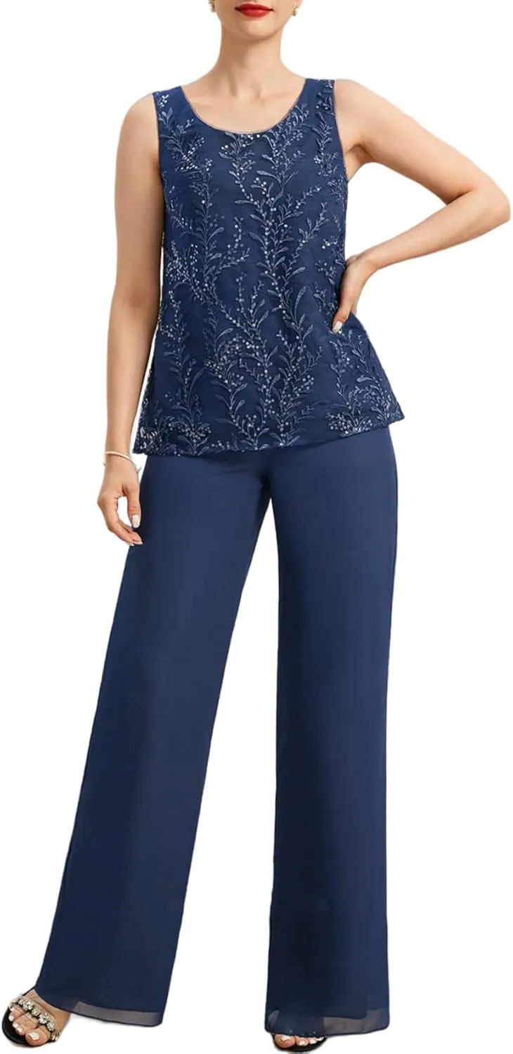 Women's 3 Pieces Chiffon Pant Suits Long Mother of The Bride Dresses Appliques Lace Mother of The Groom Dress