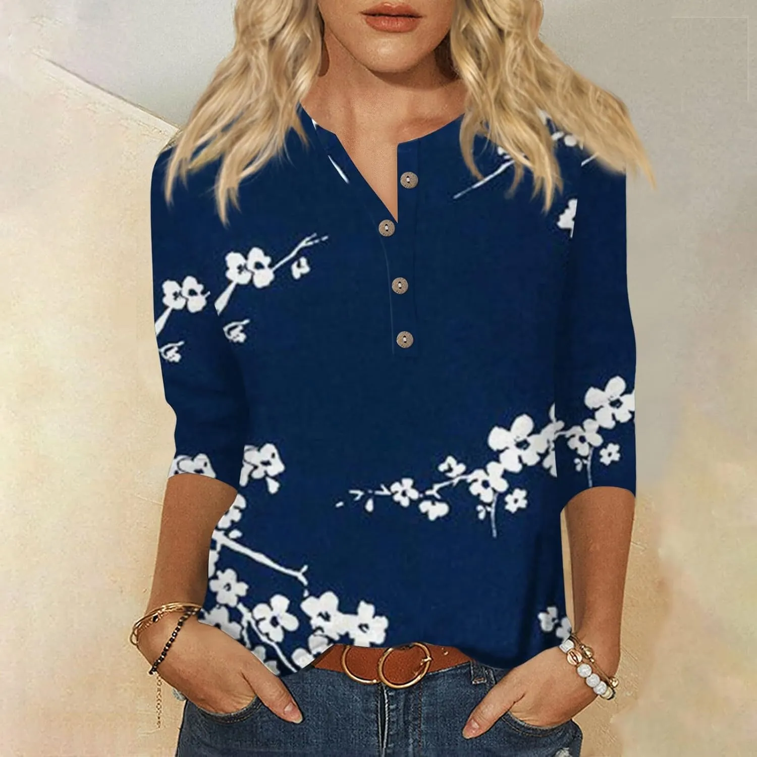 Womens 3/4 Length Sleeve Tops Casual Henley Summer Shirts Loose Fit Three Quarter Length Sleeve Blouses