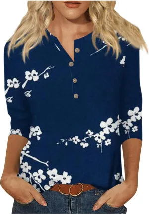 Womens 3/4 Length Sleeve Tops Casual Henley Summer Shirts Loose Fit Three Quarter Length Sleeve Blouses