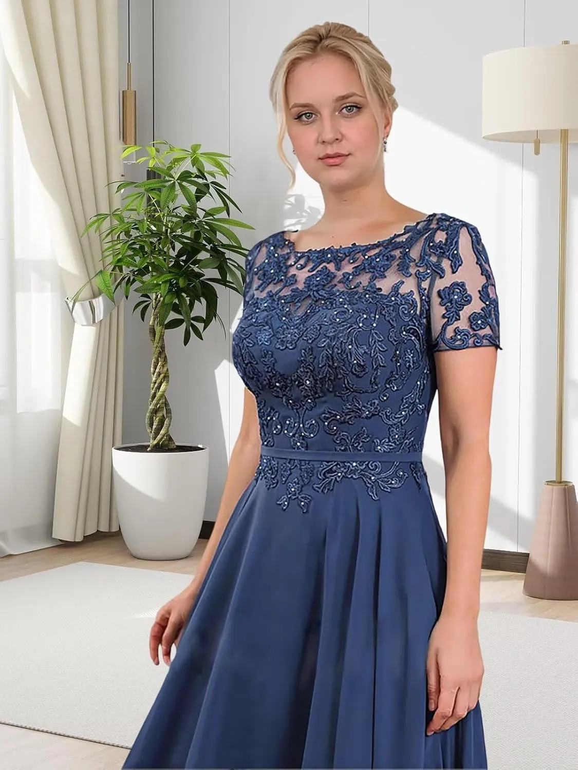 Women's Beaded Lace Chiffon Mother of The Bride Dresses for Wedding Short Sleeve Long Formal Evening Gowns