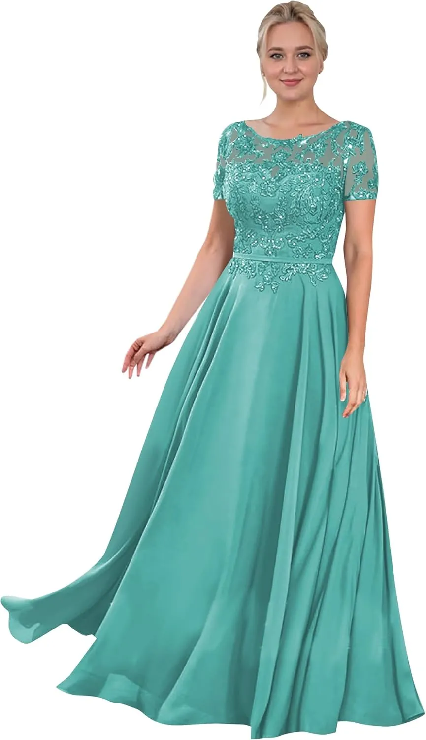 Women's Beaded Lace Chiffon Mother of The Bride Dresses for Wedding Short Sleeve Long Formal Evening Gowns