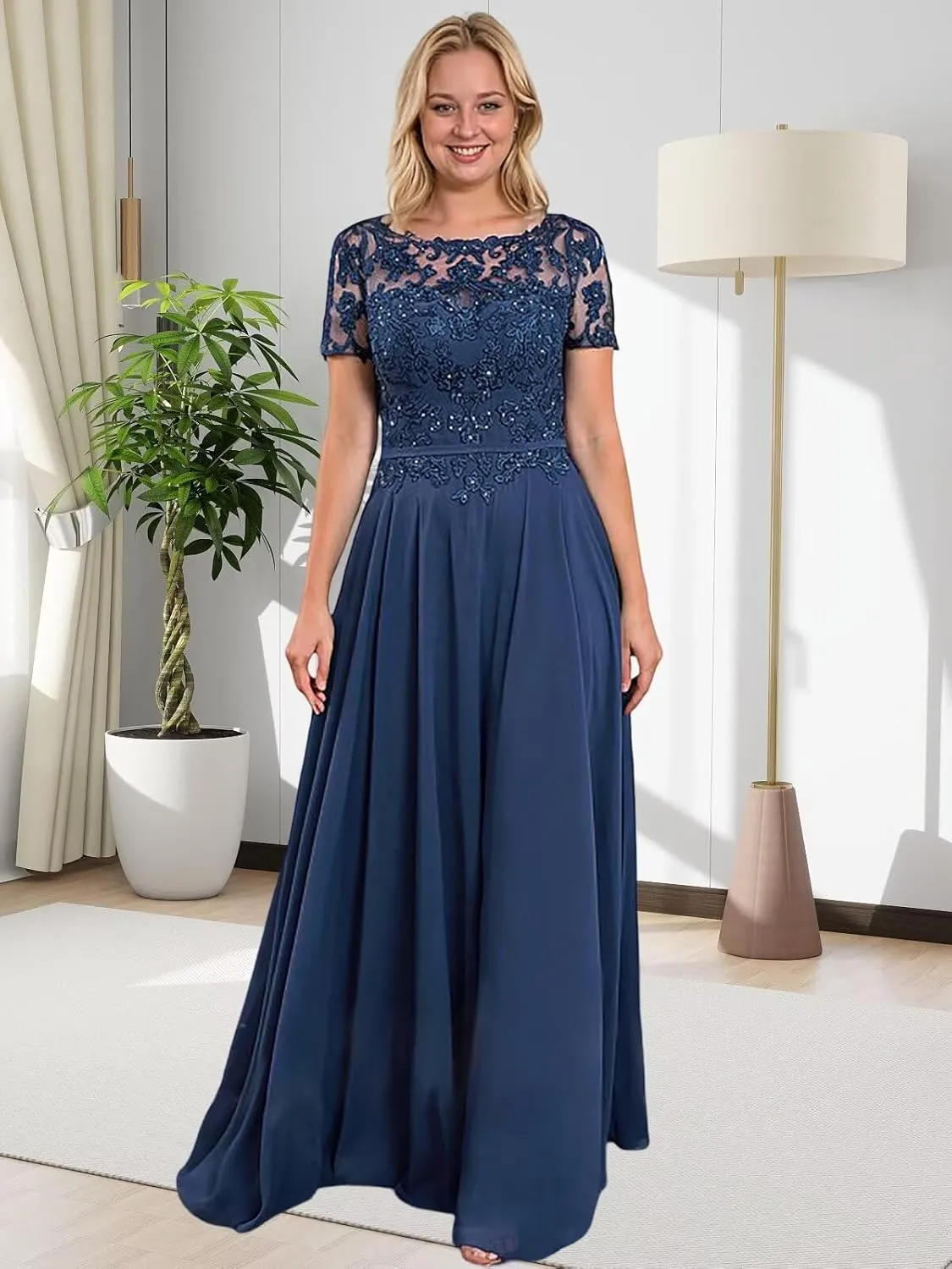 Women's Beaded Lace Chiffon Mother of The Bride Dresses for Wedding Short Sleeve Long Formal Evening Gowns
