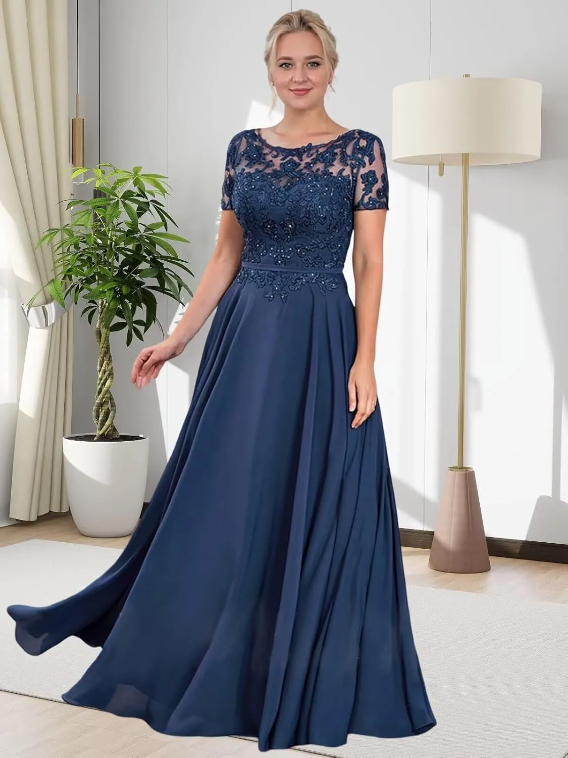 Women's Beaded Lace Chiffon Mother of The Bride Dresses for Wedding Short Sleeve Long Formal Evening Gowns