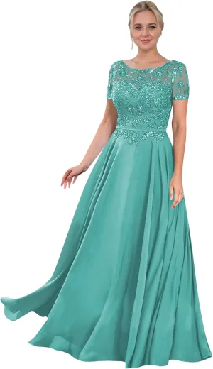 Women's Beaded Lace Chiffon Mother of The Bride Dresses for Wedding Short Sleeve Long Formal Evening Gowns
