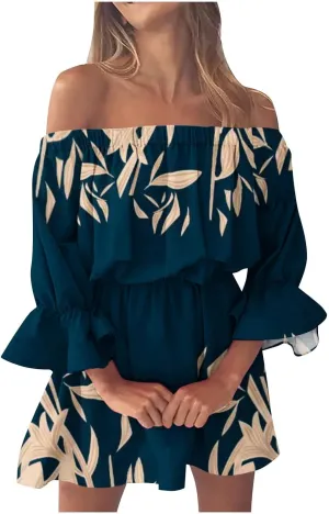 Women's Bodycon Dresses Summer Loose Casual Trendy Dress Cold Shoulder Floral Printed Ruffle Sleeve Dresses, S-3XL
