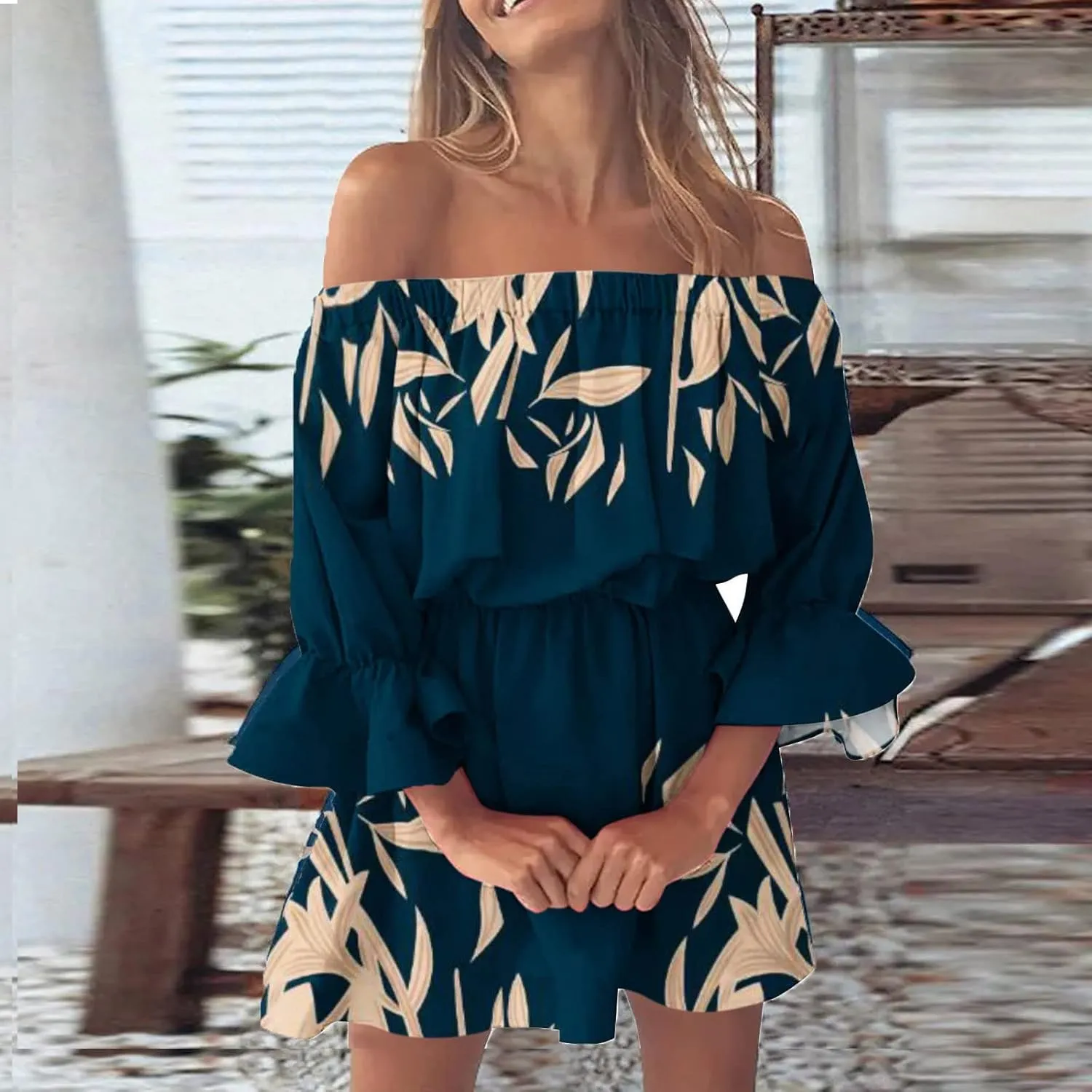 Women's Bodycon Dresses Summer Loose Casual Trendy Dress Cold Shoulder Floral Printed Ruffle Sleeve Dresses, S-3XL