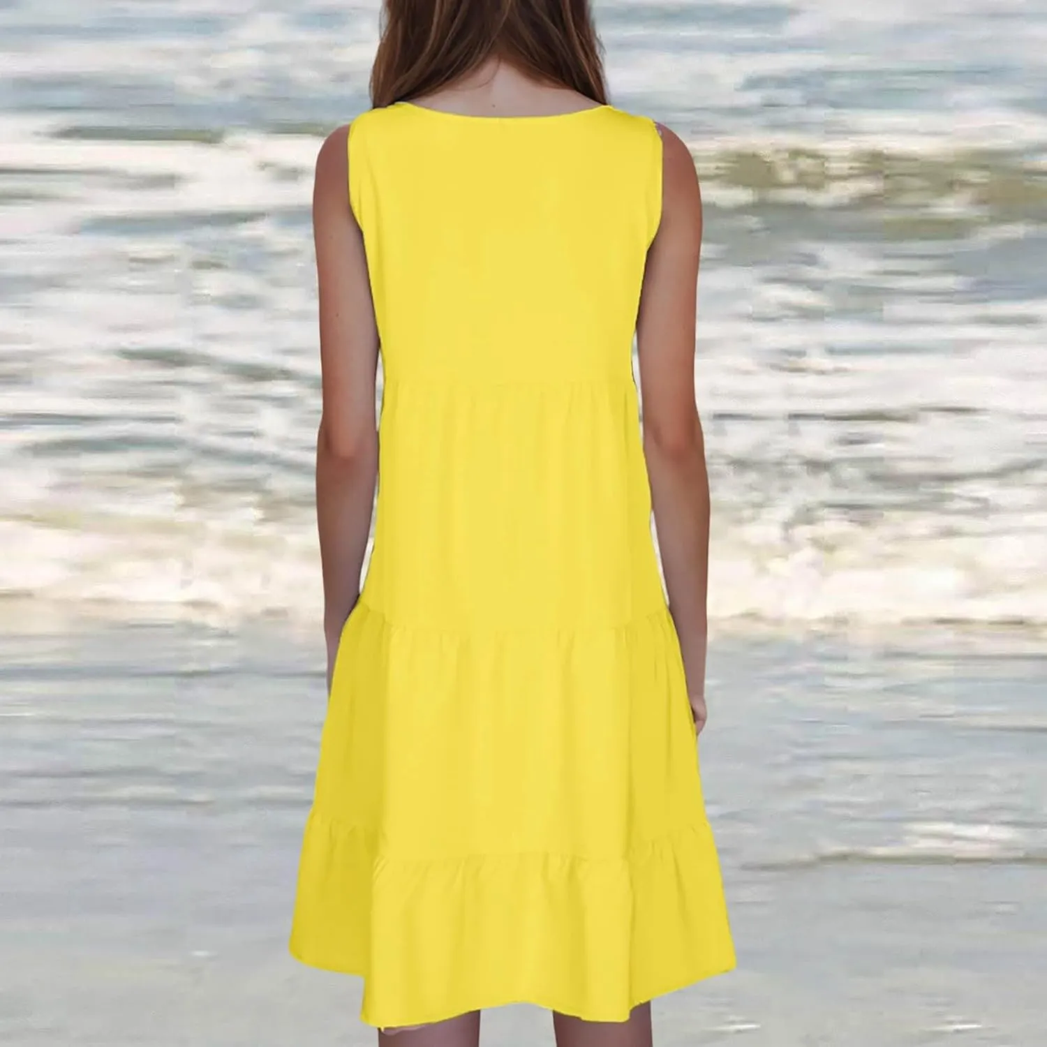 Women's Boho Dresses 2025 Trendy Solid Loose Flowy Swing Casual Sundress Sleeveless Scoop Neck Ruched Beach Dress