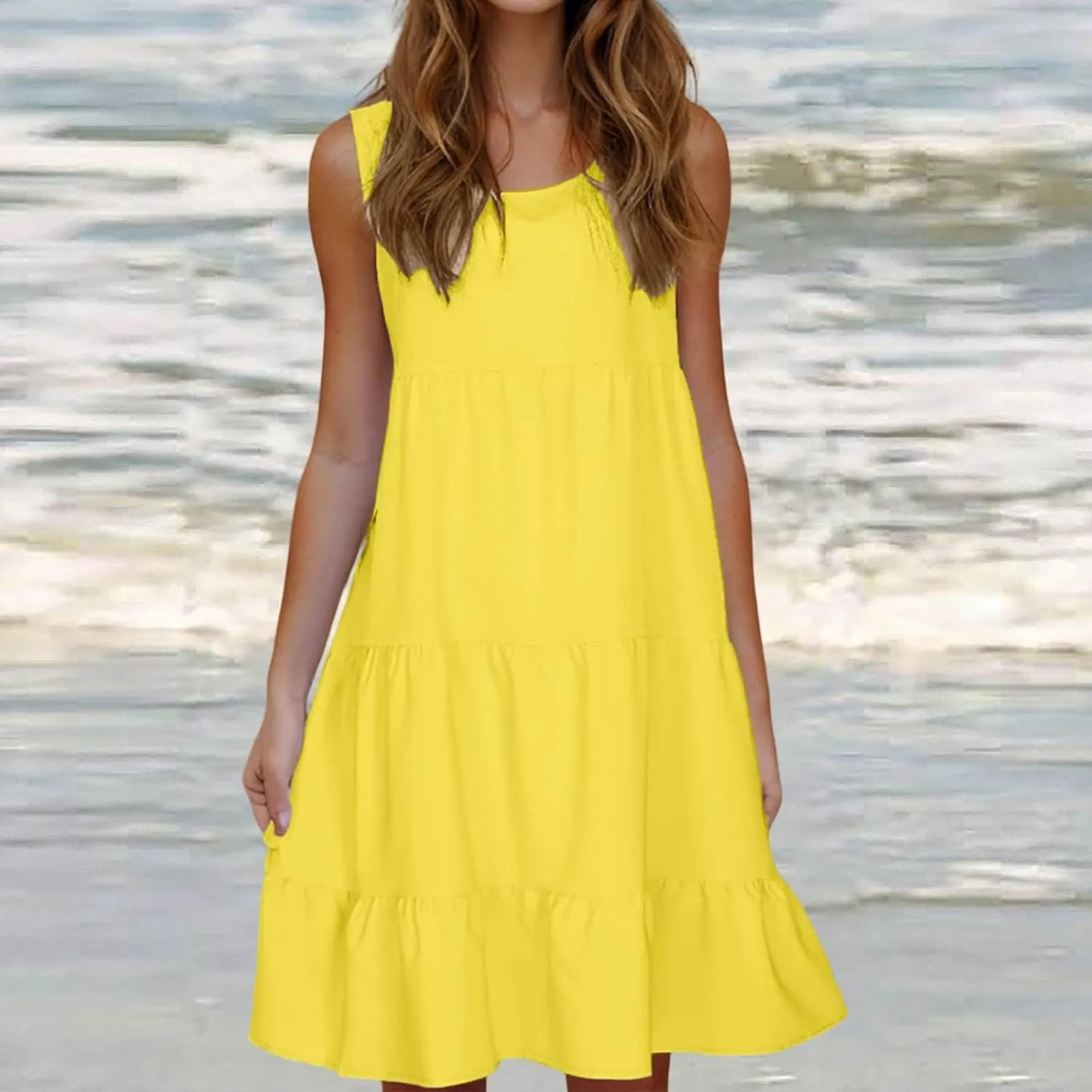Women's Boho Dresses 2025 Trendy Solid Loose Flowy Swing Casual Sundress Sleeveless Scoop Neck Ruched Beach Dress
