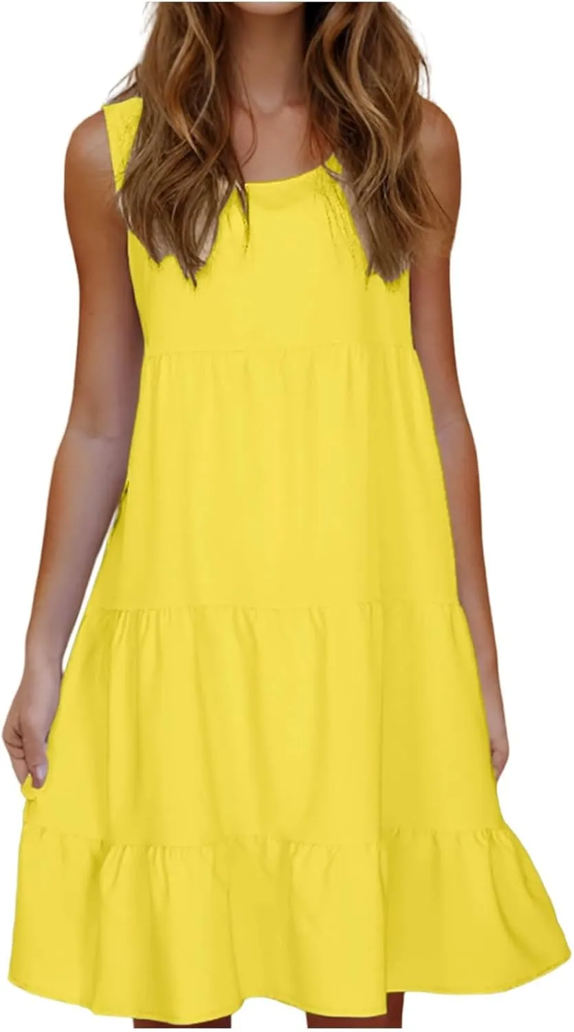 Women's Boho Dresses 2025 Trendy Solid Loose Flowy Swing Casual Sundress Sleeveless Scoop Neck Ruched Beach Dress