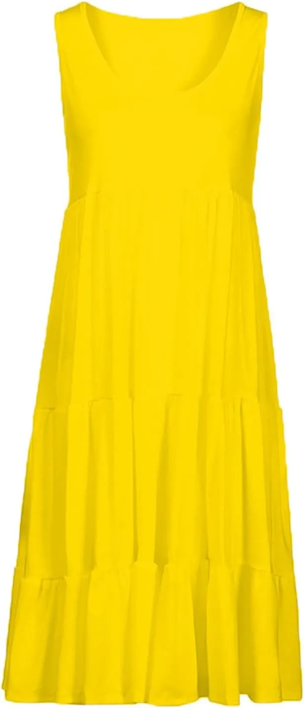 Women's Boho Dresses 2025 Trendy Solid Loose Flowy Swing Casual Sundress Sleeveless Scoop Neck Ruched Beach Dress