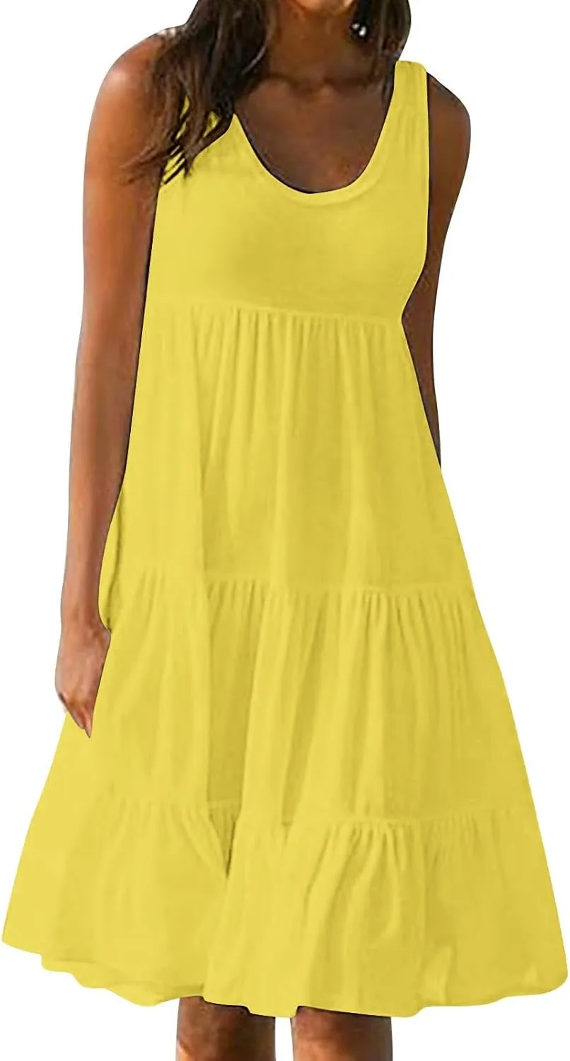 Women's Boho Dresses 2025 Trendy Solid Loose Flowy Swing Casual Sundress Sleeveless Scoop Neck Ruched Beach Dress