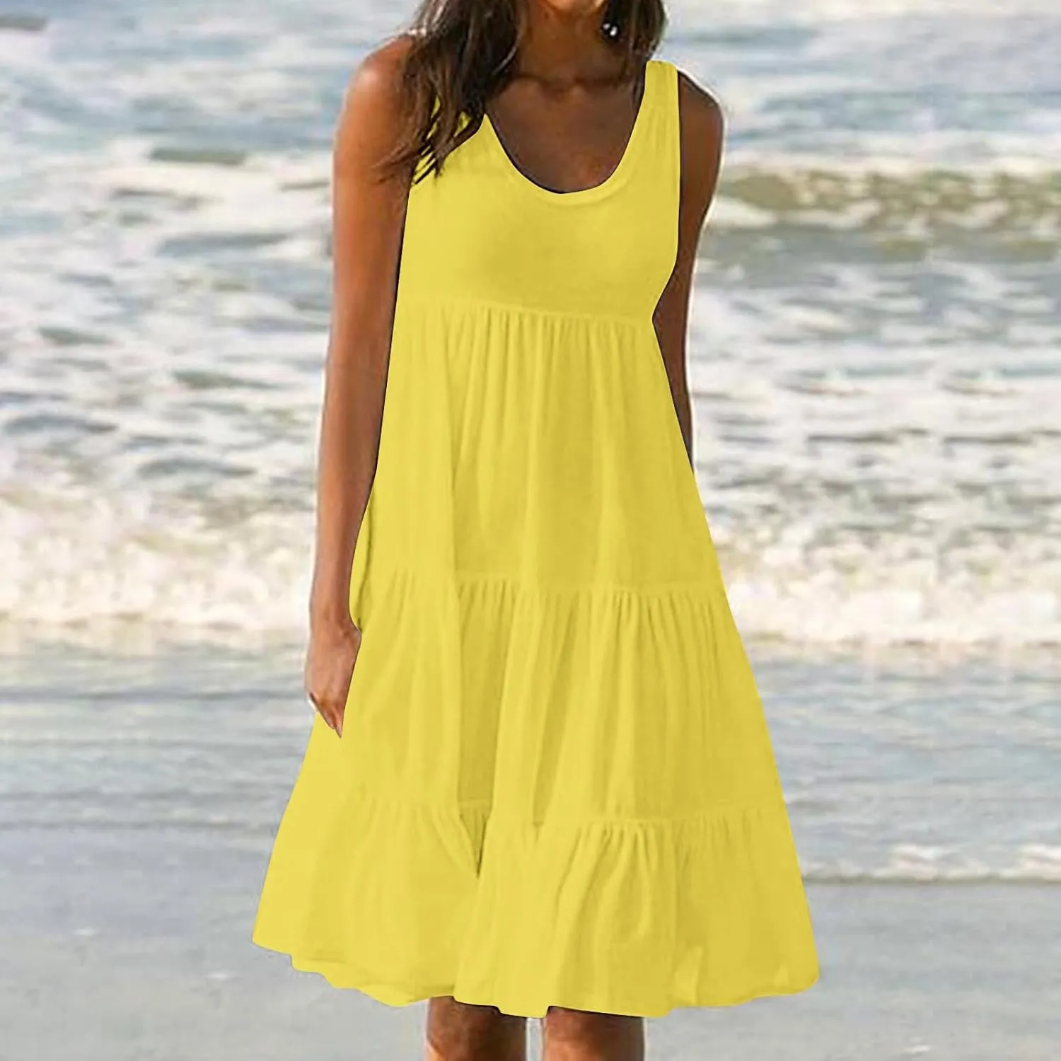 Women's Boho Dresses 2025 Trendy Solid Loose Flowy Swing Casual Sundress Sleeveless Scoop Neck Ruched Beach Dress