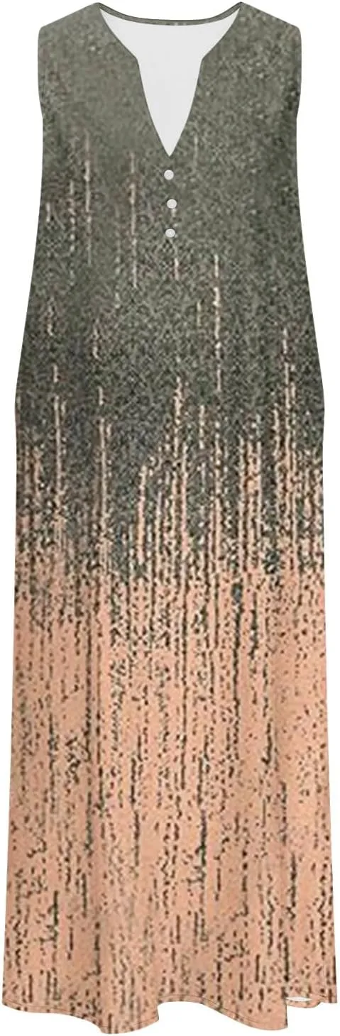 Womens Boho Floral Dresses Summer Casual Vacation Beach Dress V Neck A-Line Sundress Plus Size Long Dress with Pocket