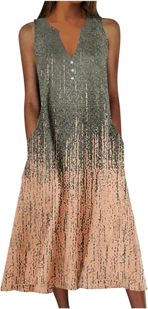 Womens Boho Floral Dresses Summer Casual Vacation Beach Dress V Neck A-Line Sundress Plus Size Long Dress with Pocket