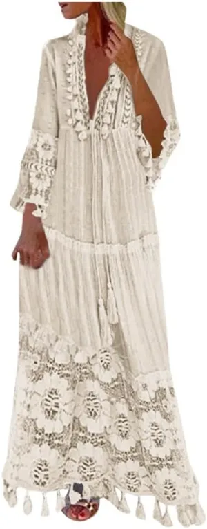 Women's Boho Maxi Dress Long Sleeve V Neck Flowy A Line Beach Sundress Lace Patchwork Elegant Summer Dresses