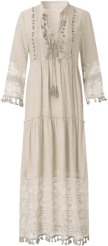 Women's Boho Maxi Dress Long Sleeve V Neck Flowy A Line Beach Sundress Lace Patchwork Elegant Summer Dresses
