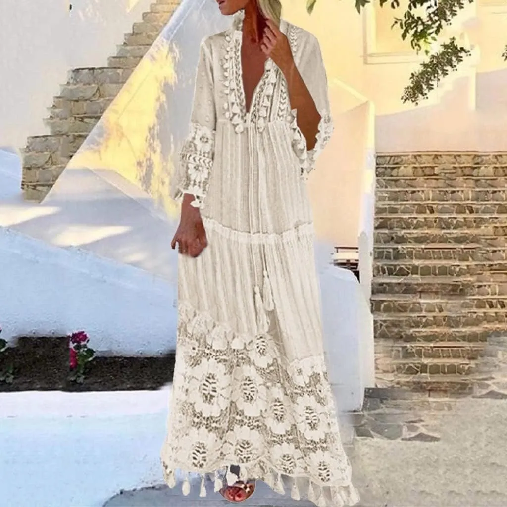 Women's Boho Maxi Dress Long Sleeve V Neck Flowy A Line Beach Sundress Lace Patchwork Elegant Summer Dresses