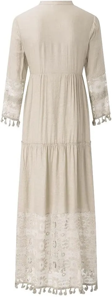 Women's Boho Maxi Dress Long Sleeve V Neck Flowy A Line Beach Sundress Lace Patchwork Elegant Summer Dresses