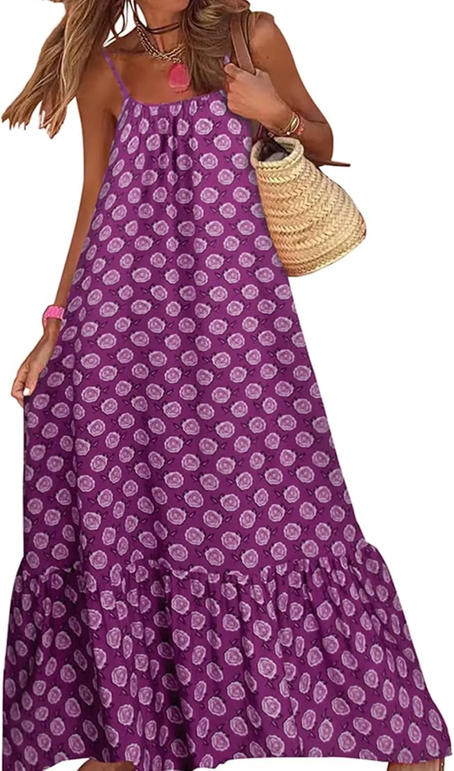 Womens Boho Tank Dress Spaghetti Strap Sleeveless Scoop Neck Maxi Dresses Summe Floral A Line Smocked Ruffle Dress