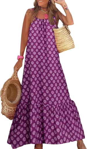 Womens Boho Tank Dress Spaghetti Strap Sleeveless Scoop Neck Maxi Dresses Summe Floral A Line Smocked Ruffle Dress