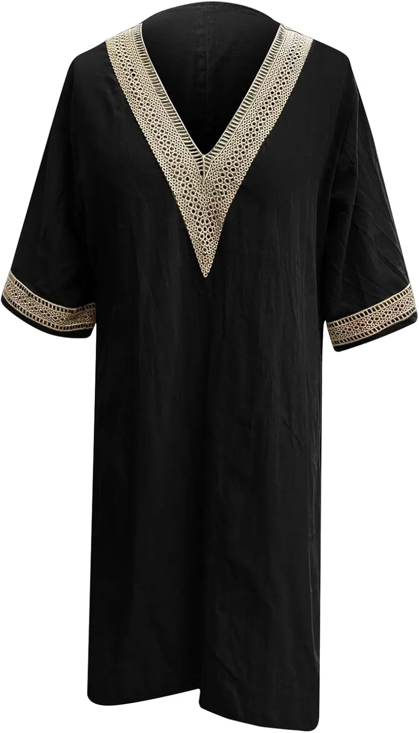 Women's Boho Tunic Dress V Neck 3/4 Sleeve Casual Loose Fit Summer Beach Dresses with Lace Trim Lightweight Sundress