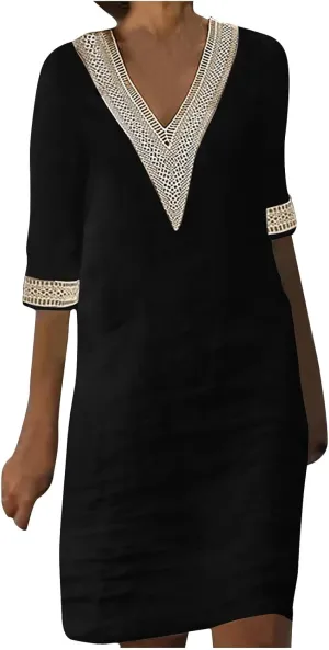 Women's Boho Tunic Dress V Neck 3/4 Sleeve Casual Loose Fit Summer Beach Dresses with Lace Trim Lightweight Sundress
