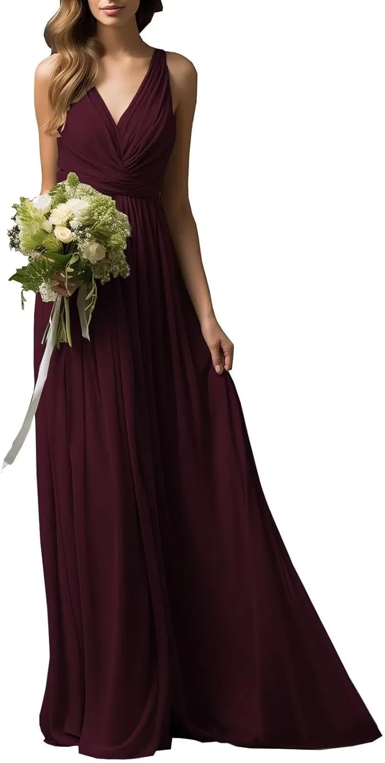 Womens Bridesmaid Dresses Pleat Formal Long Chiffon Wedding Dress for Prom Gowns 2024
