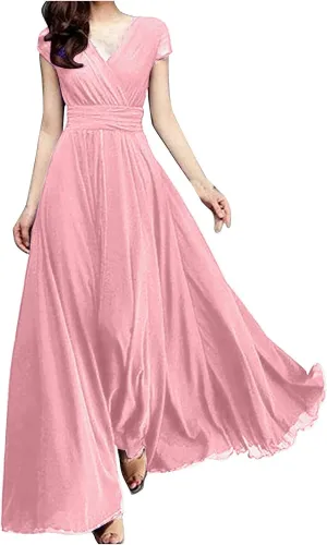 Women's Bridesmaid Dresses Short Sleeve Long Summer Chiffon Formal Evening Gown Wedding Guest Dresses