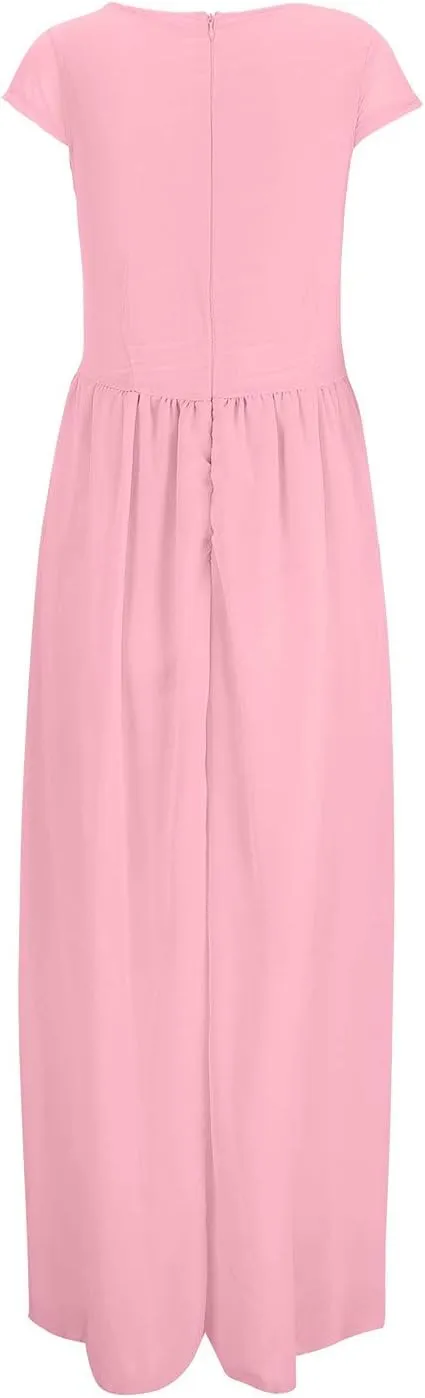 Women's Bridesmaid Dresses Short Sleeve Long Summer Chiffon Formal Evening Gown Wedding Guest Dresses