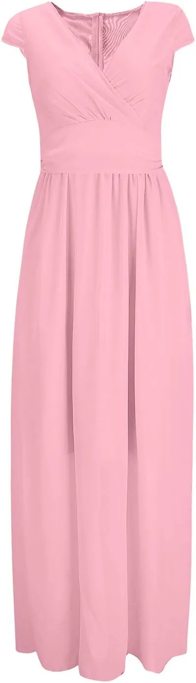Women's Bridesmaid Dresses Short Sleeve Long Summer Chiffon Formal Evening Gown Wedding Guest Dresses