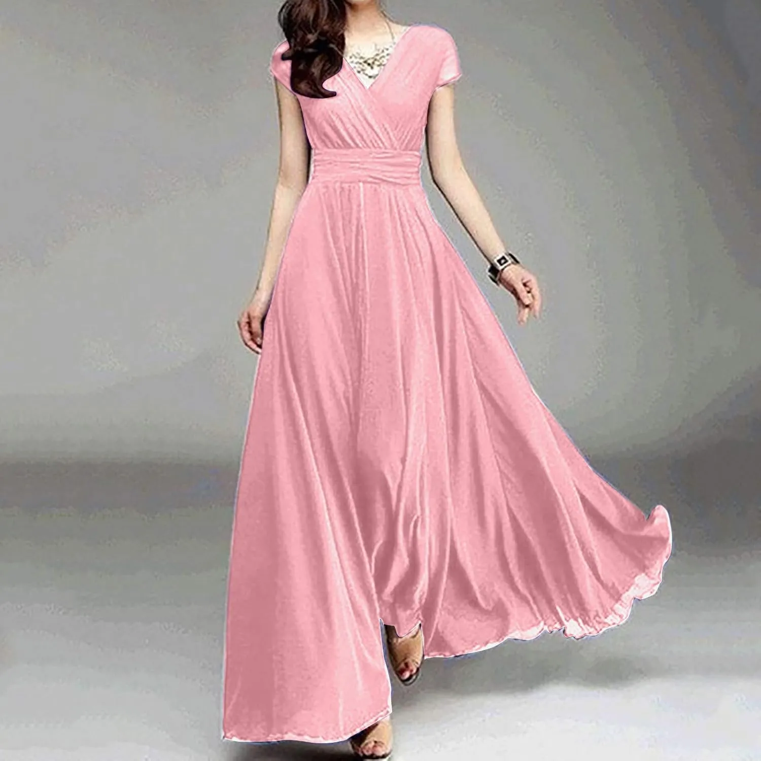 Women's Bridesmaid Dresses Short Sleeve Long Summer Chiffon Formal Evening Gown Wedding Guest Dresses