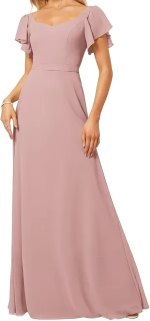 Women's Bridesmaid Dresses V Neck Short Sleeve for Wedding Ruffled Long Chiffon Evening Formal Party Gowns