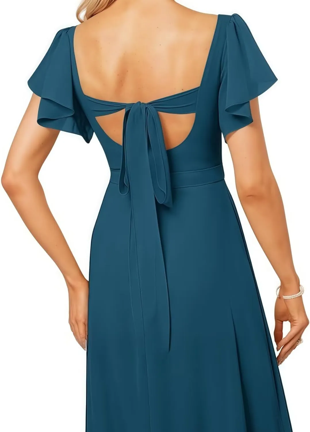 Women's Bridesmaid Dresses V Neck Short Sleeve for Wedding Ruffled Long Chiffon Evening Formal Party Gowns