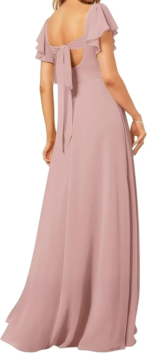 Women's Bridesmaid Dresses V Neck Short Sleeve for Wedding Ruffled Long Chiffon Evening Formal Party Gowns