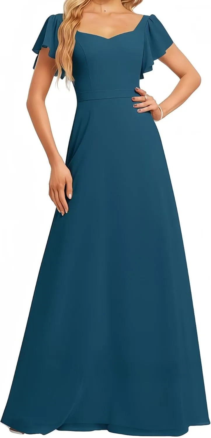 Women's Bridesmaid Dresses V Neck Short Sleeve for Wedding Ruffled Long Chiffon Evening Formal Party Gowns